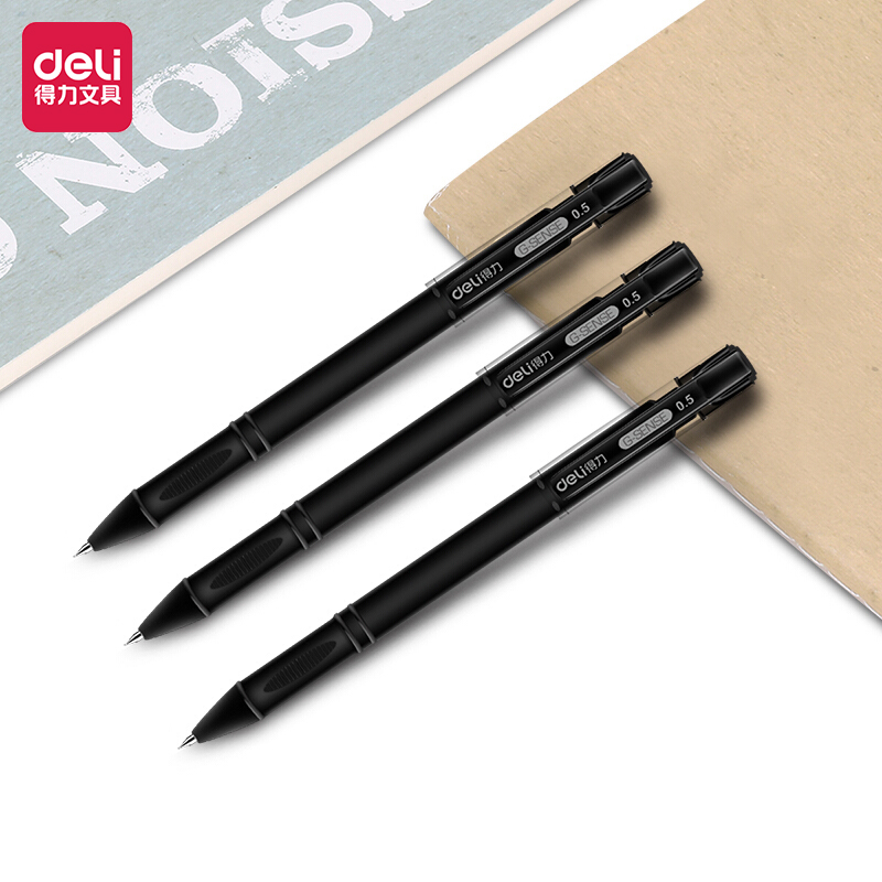 得力(deli)0.5mm黑色中性笔水笔签字笔 办公用品 子弹头磨砂杆12支/盒DL-S65